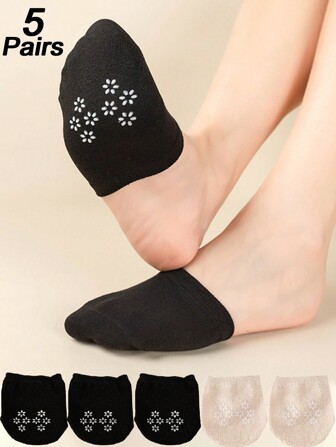 5 Pairs Women Black&Skin Tone Color Block Ankle Socks, Thin Silicone Anti-Slip High Heel Invisible Half Toe Socks, Suitable For Everyday Wear In Autumn/Winter