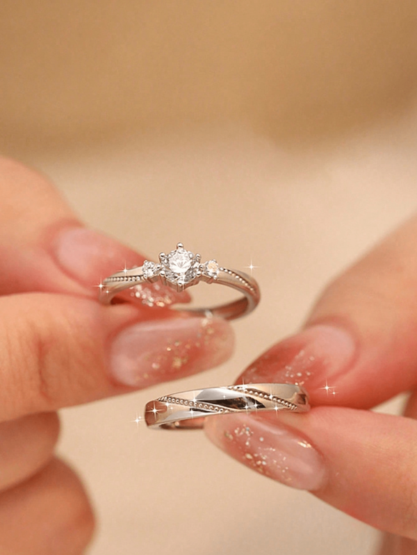 BALMORA 1 Pair Of Exquisite & Romantic Pure Silver S925 Ring Couples Ring Set With Adjustable Open Design, Ideal For Wedding, Engagement And Anniversary Valentine's Day Confession Gift