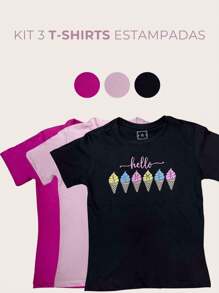Kit 3 T Shirts Comfortable Short Sleeve Printed T-Shirts Modern Women's Fashion Summer Style - 玫紅色 - 查看 1