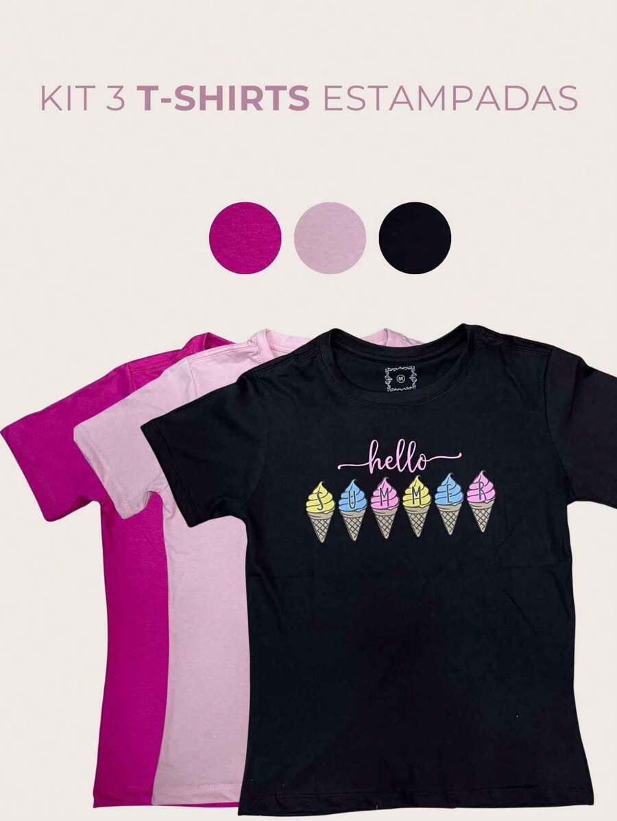 Kit 3 T Shirts Comfortable Short Sleeve Printed T-Shirts Modern Women's Fashion Summer Style - 玫紅色 - 查看 1