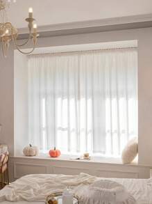 1pc White Hook And Loop Window Curtain, No Need Drilling Installation Self-Adhesive Bedroom Living Room Dining Room Kitchen Partition Curtain, Sunproof, Removable And Washable, Suitable For All Seasons
