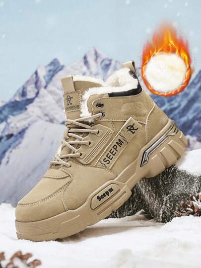 New Men Winter Thermal Lined Thicken Anti-Slip Warm Plush High-Top Casual Shoes, Padded Boots, Round Toe Ankle Booties