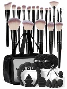 18/36/37pcs Makeup Tools Set, Includes: 1pc Multifunctional Waterproof Zipper Cosmetic Bag + 18pcs Makeup Brushes Set + 3pcs Makeup Sponges + 3pcs Mini Makeup Sponges + 3pcs Triangle Powder Puffs + 3pcs Mini Air Cushion Puffs + 1pc Eyelash Curler + 1pc Hair Band + 3pcs Facial Cleansing Sponges + 1pc Makeup Brush Cleaning Tool