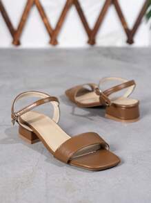Women's Brown Buckle Strap Open Toe Chunky Heel Sandals, Simple Design,Spring Summer Outfits - Brown - View 6
