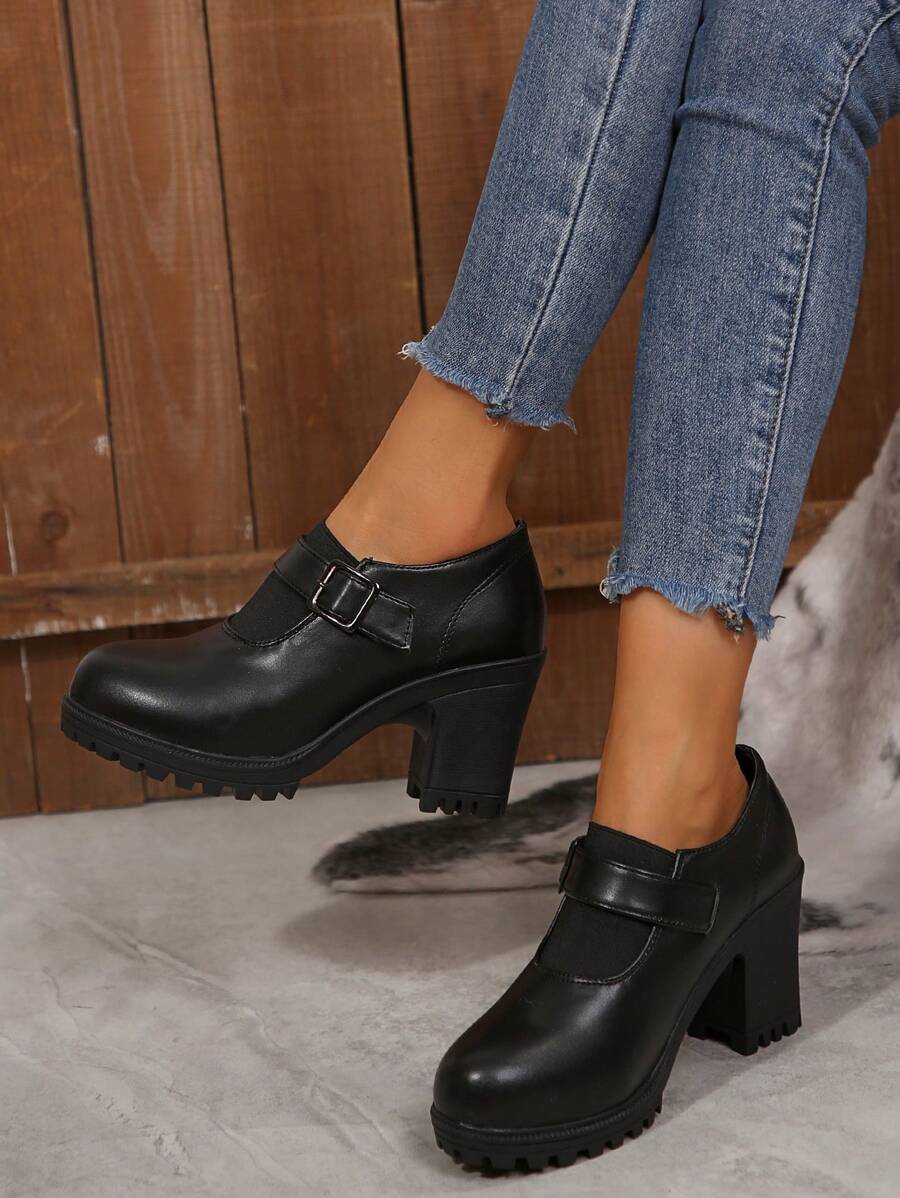 Giày cao gót nữ màu trơn, bốt cổ ngắn đế dày có khóa trang trí, bốt cổ ngắn màu đen chống trơn trượt, bốt cổ ngắn thoải mái cho nữ. - màu đen - Xem 1