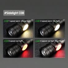 1pc Multi-Modes LED Flashlight Powerful Zoom Flashlight Type-C Rechargeable Torch With Side Light Red Warning For Camping Exploration Fishing Walking Work - Black - View 4