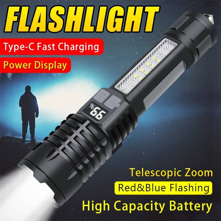 1pc Super Bright Multi-Fuction LED Flashlight COB Side Floodlight Rechargeable Powerful Zoom Torch With Power Display Emergency Hammer For Self Defense - Black - View 1
