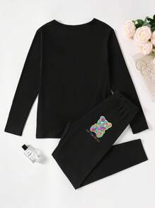 SUPSHUSY 卡通熊印花长袖两件套，2件套可爱熊印花长袖套装，圆领上衣和修身长裤套装，爱心熊图案印花黑色下装上衣和女式长裤