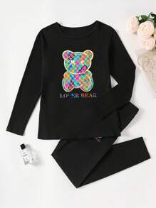 SUPSHUSY 卡通熊印花长袖两件套，2件套可爱熊印花长袖套装，圆领上衣和修身长裤套装，爱心熊图案印花黑色下装上衣和女式长裤