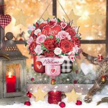 1 件木制玫瑰和心形挂饰，农舍迎宾门墙壁装饰饰品，适合情人节 - 彩色 - 查看 1