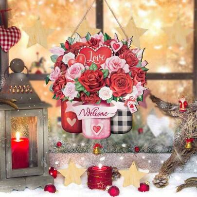 1pc Wooden Rose & Heart Shaped Hanging Ornament, Farmhouse Welcome Door Wall Decor Charm For Valentine's Day