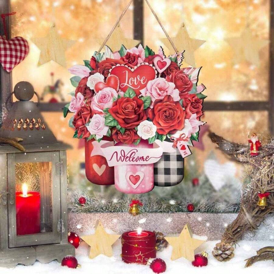 1 件木制玫瑰和心形挂饰，农舍迎宾门墙壁装饰饰品，适合情人节 - 彩色 - 查看 1