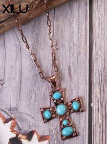 1 件复古时尚绿松石吊坠项链，时尚女士 - 十字 - 查看 5