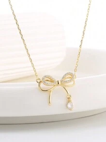 Artepollo 1pc 925 Sterling Silver Hypoallergenic Bow Pendant Necklace, Inlaid With Sparkling Cubic Zirconia, Cute & Elegant, Gift Box Packaging, Gift For Kids, Friends, Back To School