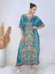 Gypsie Blu Fall Cloths For Women Plus Size Kaftans Dress V Neck Long Caftan Dress - 1X To 3X - 藍色 - 查看 2