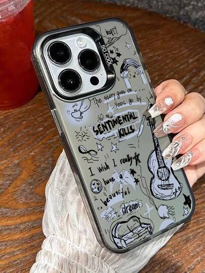 Slogan 1pc 新款吉他与彩色图案 IMD 防震彩绘二合一手机壳兼容 iPhone 15 Pro Max/14/13/11、Redmi 13C/12C、Honor 90/Honor 90 Lite、Galaxy A52/A52s/A55
