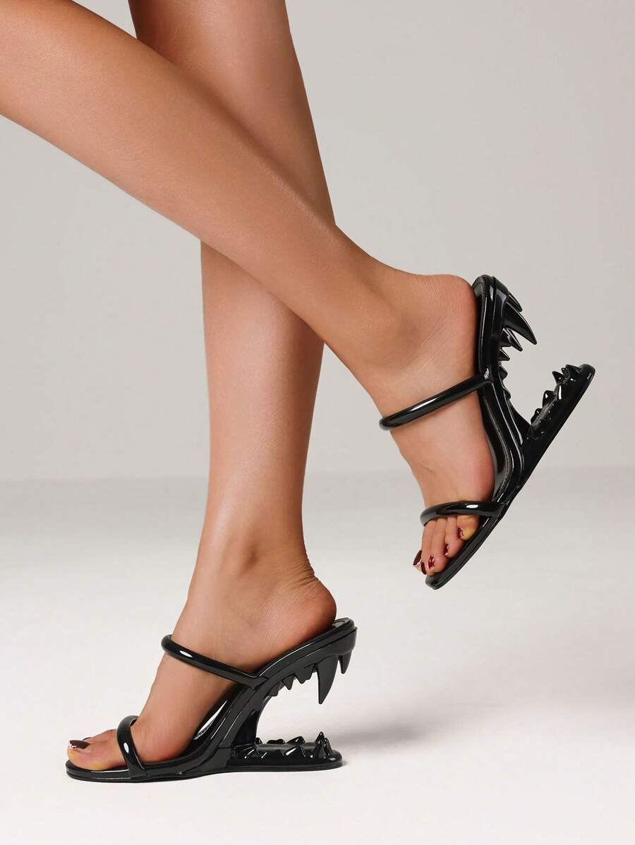 Women's Open Toe Metallic Teeth Mules Fashion Wedges High Heel Slip On Party Sexy Slingback Slides Sandals Woman - 黑色 - 查看 1