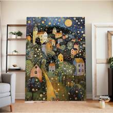 Natural OAK Wood Frame Wall Art, Gustav Klimt Style Moon Stars Tree Canvas Print Posters Art,Village Night Wall Decor For Living Room Bedroom Home, Set Of 1 - Framed(框架) - 查看 2