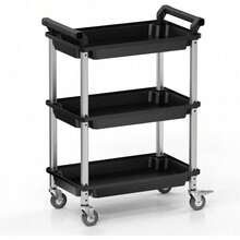 3-Tier Rolling Utility Cart With Wheels, Portable Garage Tool Cart For Warehouse Office Home, Food Utility Service Cart For Restaurant, Kitchen, Office, Plastic Push Cart, 25.6" X 14.6" X 34.3" - 預設 - 查看 1