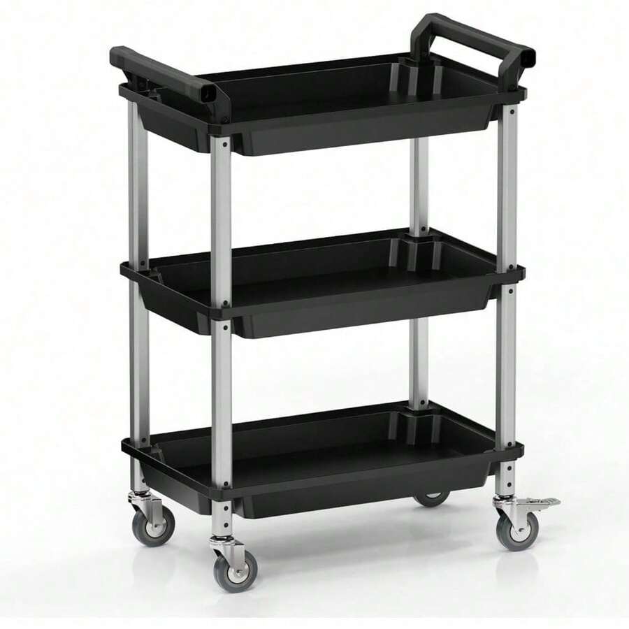 3-Tier Rolling Utility Cart With Wheels, Portable Garage Tool Cart For Warehouse Office Home, Food Utility Service Cart For Restaurant, Kitchen, Office, Plastic Push Cart, 25.6" X 14.6" X 34.3" - 預設 - 查看 1