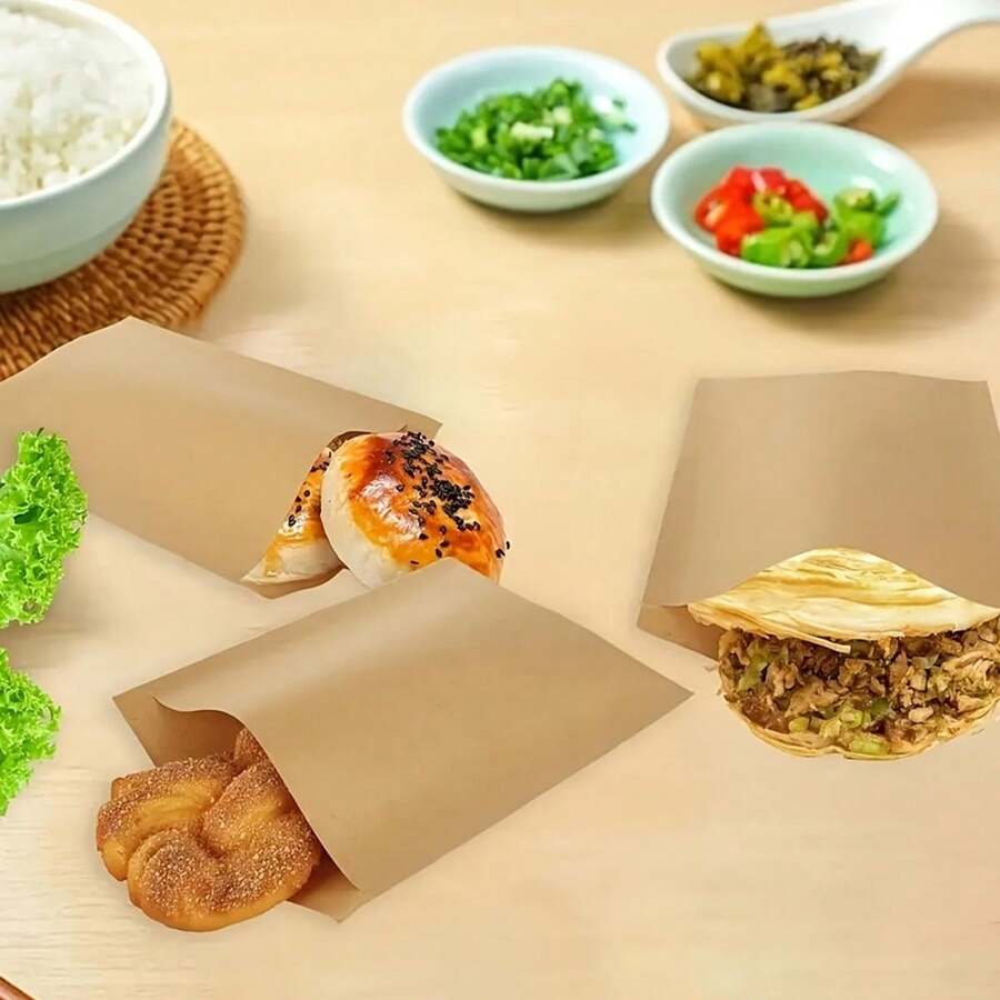 10 个牛皮纸食品保鲜袋，耐油内衬材料适用于爆米花、薯片、糖果、三明治、饼干、面包和糕点包装，适用于咖啡馆、炸鸡店和各种甜品店 - 卡其色 - 查看 1