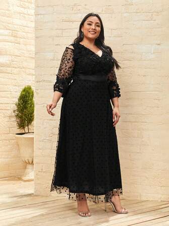 大码女式撞色蕾丝收腰正式晚礼服