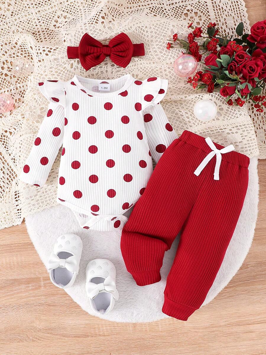 Set de 2 piezas con pelele de manga larga con estampado de lunares adorable + pantalones para niñas bebé, ligero para primavera y otoño