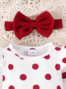 Set de 2 piezas con pelele de manga larga con estampado de lunares adorable + pantalones para niñas bebé, ligero para primavera y otoño