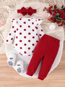 Set de 2 piezas con pelele de manga larga con estampado de lunares adorable + pantalones para niñas bebé, ligero para primavera y otoño