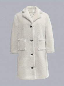 Plus Size Long Sleeve Lapel Solid Color Plush Top Long Coat - Apricot - View 5