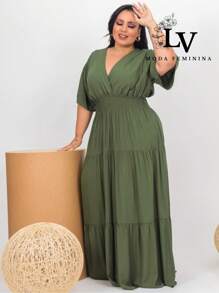 Plus Size Long Dress V Neck Short Sleeve - Army Green - View 3