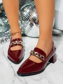 New Slip-On Pumps For Women, Metal Chain Pointed Toe Thick Heels, OL Professional Shoes