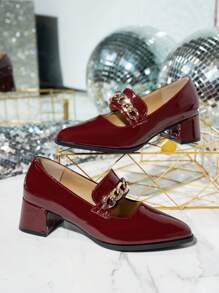 New Slip-On Pumps For Women, Metal Chain Pointed Toe Thick Heels, OL Professional Shoes