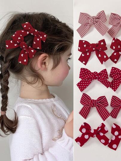 5pcs Set Of Girls Kid's Red Plaid, Heart, Polka Dot Print Fabric Bow Decor Cute Hair Clips, Hair Accessories For Everyday Use