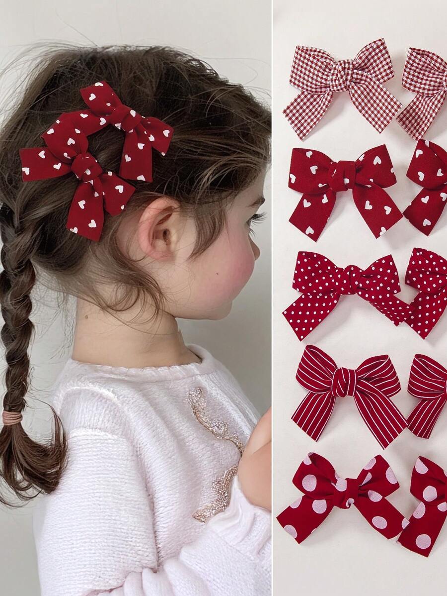 5pcs Set Of Girls Kid's Red Plaid, Heart, Polka Dot Print Fabric Bow Decor Cute Hair Clips, Hair Accessories For Everyday Use