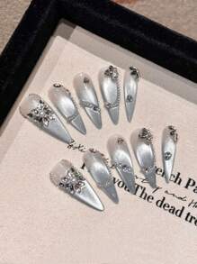 10 件/套水滴法式哑光蓝猫眼假指甲，饰有珍珠、水钻和金属饰钉，可增强手指纤细度和肤色，适合礼服、工作服、派对、约会，可重复使用，带指甲胶按压指甲美甲用品 - 霧霾藍 - 查看 11