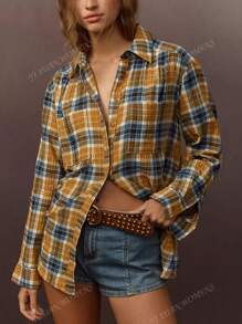 Women's Loose Button Checkered Shirt With Front Pocket, Slouchy Casual Style ﻿