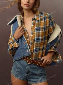 Women's Loose Button Checkered Shirt With Front Pocket, Slouchy Casual Style ﻿