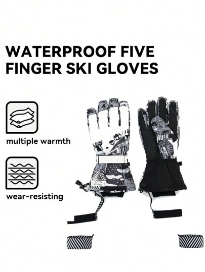 VECTOR MOTION 5 指滑雪手套，男女通用，可拆卸带，加厚隔热，防水，防滑，钩环分指，适合滑雪、单板滑雪、暖手器、冬季手套、雪地手套