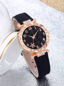 5 件优雅女孩圆盘手表石英表 + 项链手链耳环首饰套装适合孩子返校礼物万圣节狂欢节圣诞礼物黑五生日礼物 - 黑色 - 查看 3