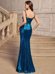 MIUSOL Solid Draped Collar Sleeveless Mermaid Hem Formal Party Floor Length Dress Wedding Guest Dress Evening Dress - Blue - View 3