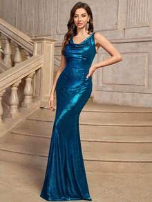 MIUSOL Solid Draped Collar Sleeveless Mermaid Hem Formal Party Floor Length Dress Wedding Guest Dress Evening Dress - Blue - View 7