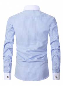 1 pieza Camisa formal con puños franceses para hombre, bloque de color y parche de manga larga, para boda de novio/padrinos, viene con gemelos aleatorios