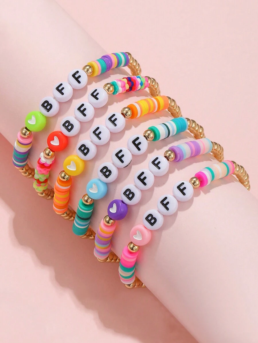 6pcs/Set BFF Children's Colorful Beaded Letter Friendship Bracelet Set, Bohemian Style - Multicolor - View 1