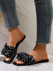 Sandalias planas de puntera cuadrada y abierta con diseño de lazo, zapatillas de playa casuales y de moda para mujer