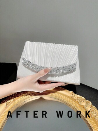 Women's Fashion Sparkling Rhinestone Evening Bag With Elegant Pleated Satin Fabric Flap, Clutch Bag With Chain Strap, Crossbody Bag, Formal Party Bag, Romantic Wedding Bag, Envelope Bag, Dance Party Handbag, Perfectly Matching With New Years Outfit, Excellently Matching With Party Dresses For Women