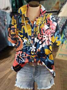 Blusa plisada con botones y estampado floral de manga corta, de moda para mujer en primavera y verano, de uso casual