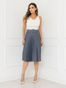 Evangelical Fashion Midi Pleated Skirt With Lined Buckle Belt Code:124 - 深灰色 - 查看 1