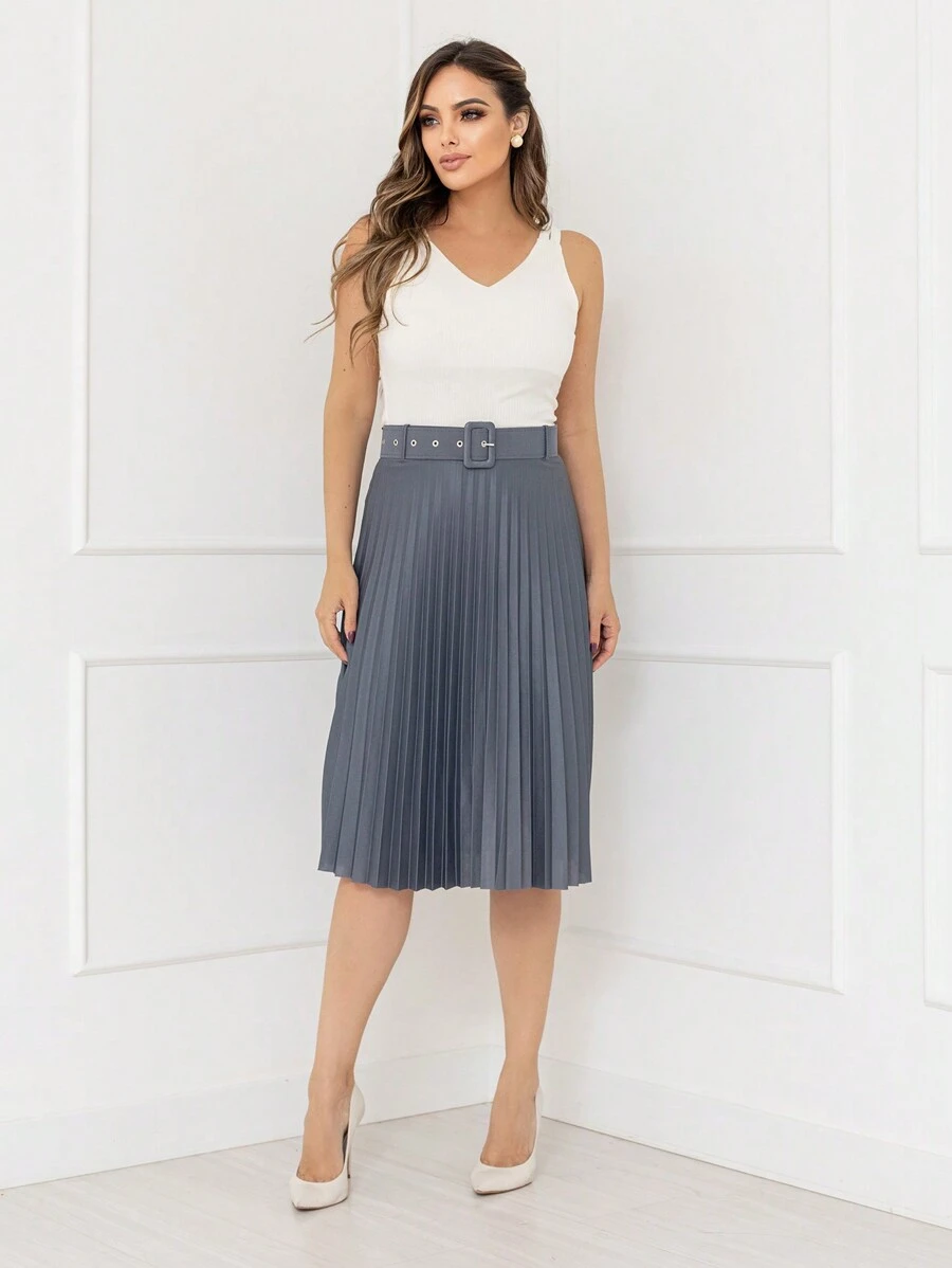 Evangelical Fashion Midi Pleated Skirt With Lined Buckle Belt Code:124 - 深灰色 - 查看 1
