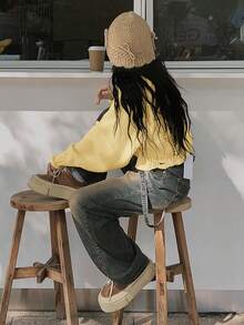 女士休闲时尚破洞针织黄色毛衣，独特设计 - 黃色 - 查看 2